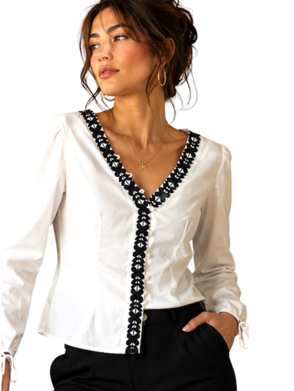 Milly Embellished Trim V-Neck Blouse Size 6 White Black Designer Office Top